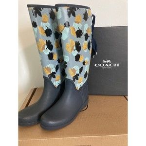 COACH Tristee Floral Rain Boots Canvas Lace Up Navy Color Womens Size 7M